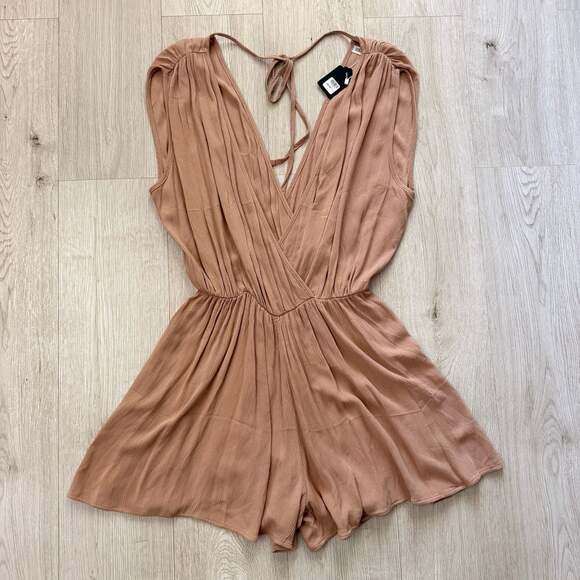 Zenana Pants - Zenana Peach Woven Crinkle Draped Surplice V-Neck Romper Size L